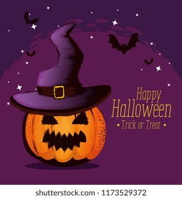 happy halloween card with pumpkin and hat witch