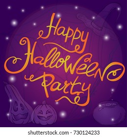 Happy Halloween card with pumpkin jack o lanterns, cauldron and broom witch on violet background. Vector illustration. Perfect for invitations, greeting cards.