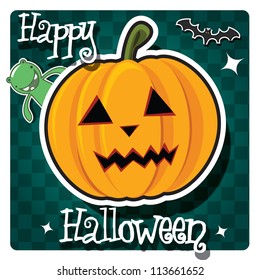 Happy Halloween card with pumpkin, monster and a bat, vector