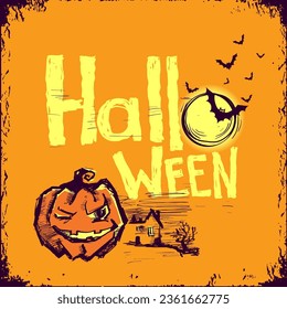 Happy Halloween card with pumpkin and night moon. Vector Halloween illustration with holiday text