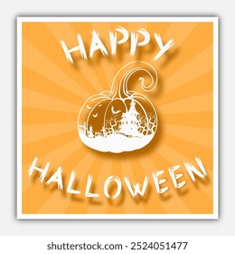 happy halloween. card with a pumpkin silhouette, a witch, a scary house, ugly trees and bats. cute vector illustration in light yellow and white colors. for greeting, invitation, poster