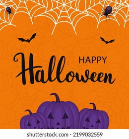 Happy halloween card with pumpkin, spiders and bats