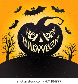 Happy Halloween card with pumpkin. Vector illustration with lettering.