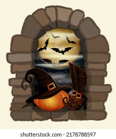 Happy Halloween Card With Pumpkin And Witch Boots Vector Illustration