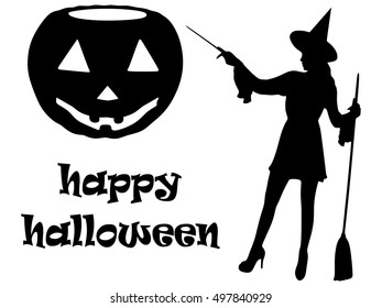 Happy Halloween card with pumpkin and witch