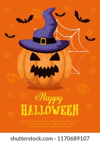 happy halloween card with pumpkinand witch hat