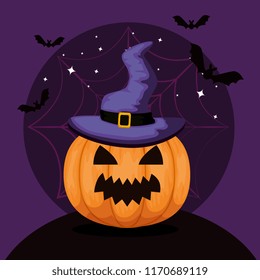happy halloween card with pumpkinand witch hat