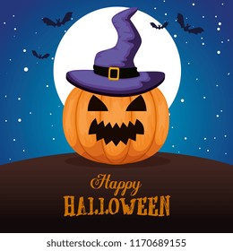 happy halloween card with pumpkinand witch hat