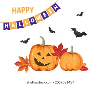 Happy halloween card with pumpkins and autumn leaves, gerland and bats. Vector illustration.