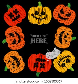 Happy Halloween Card! Pumpkins and Kawaii ghosts. Halloween pumpkins smile. Doodle and  brushwork. Can be used for wallpaper, textile, invitation card, wrapping, web page background.