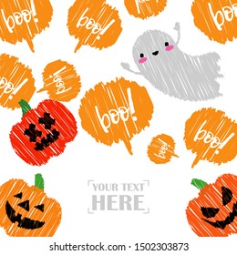 Happy Halloween Card! Pumpkins and Kawaii ghosts. Halloween pumpkins smile. Doodle and  brushwork. Can be used for wallpaper, textile, invitation card, wrapping, web page background.