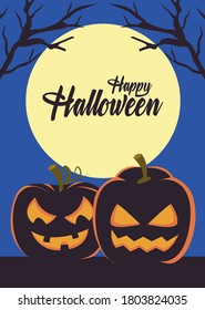 happy halloween card with pumpkins and lettering scene vector illustration design