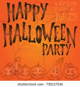Happy Halloween card with pumpkins on orange background with place for text. Vector illustration. Flyer or invitation template for Halloween party.