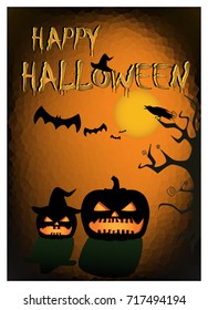 happy halloween card. pumpkins silhouettes on the orange black background, vertical