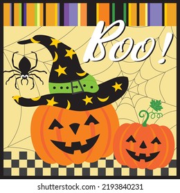 Happy halloween card with pumpkins and spider