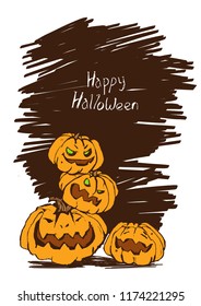 Happy Halloween Card with pumpkins. Vector hand drawn funny illustration. Handmade vector lettering.