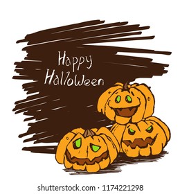 Happy Halloween Card with pumpkins. Vector hand drawn funny illustration. Handmade vector lettering.