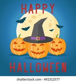 Happy Halloween card with pumpkins, witch hat, full moon and bats on dark blue background. Vector illustration.