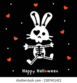 Happy Halloween card rabbit dressed as a skeleton with hearts and bones. 