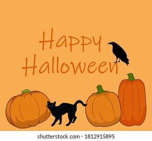 Happy Halloween card Raven sitting on huge pumpkin Black cat