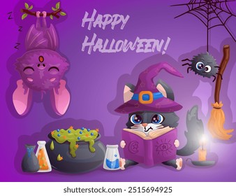 Tarjeta feliz de Halloween con la lectura de dibujos animados gato negro en sombrero de bruja, murciélago durmiente y araña. Ilustración vectorial.