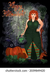 Happy halloween card with red hair witch, pumpkin and magic pot, vector illustration