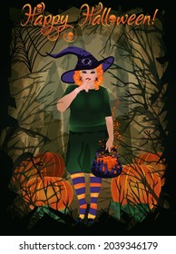 Happy halloween card red-hair witch with magic pot and pumpkin, vector illustration