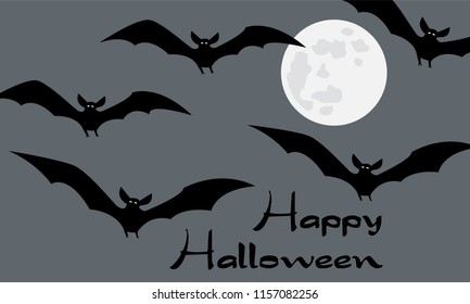 Happy Halloween card with scary black and white flying vampire bats swarm, full moon gray background and calligraphy, simple flat cartoon vector illustration