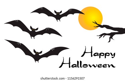 Happy Halloween card with scary flying vampire bats, yellow moon and bare tree branch isolated on white background, simple flat cartoon vector illustration