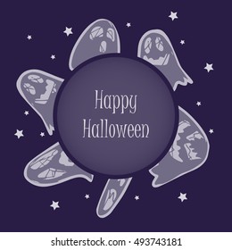 Happy Halloween card with scary ghost, stars and text field. Vector illustration.