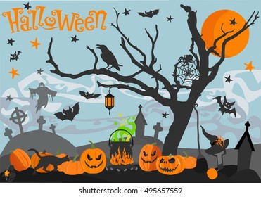 Happy Halloween card. Scary holiday poster. Vector illustration.
Happy Halloween Illustrations: pumpkin, ghost, star, spider, bat, moon, cemetery, cross, crow, hat, broom, cauldron, wood, cat.
