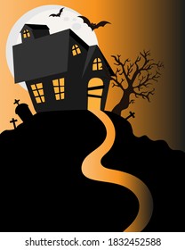 Happy Halloween card. Scary house with cemetery and bats. Space for text