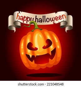 Happy Halloween card with scary pumpkin character