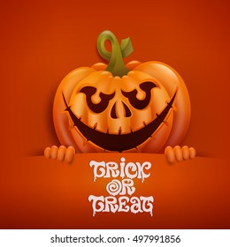 Happy Halloween card with scary pumpkin character. Vector illustration