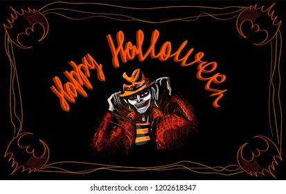 Happy Halloween card with scary skull in hat on black background and handwritten signature. Vector illustration.