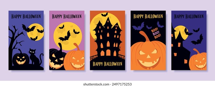 Happy Halloween Card Set. Halloween cards, posters or banners with pumpkins, scary castles, black cat and bats.