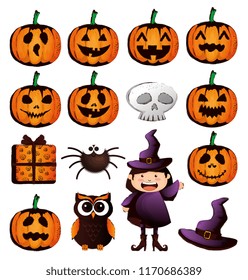 happy halloween card with set icons