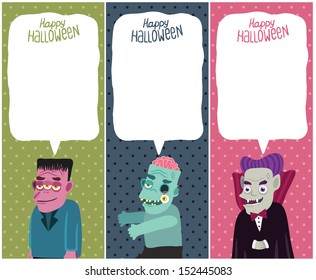 Happy Halloween card set with monster, zombie, Dracula. Halloween background.