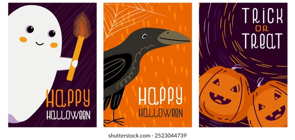 Happy Halloween card set. Card with pumpkins, ghost and raven. Funny Trick or Treat pumpkins, Smiling ghost with candle, raven on the orange background of the spider web