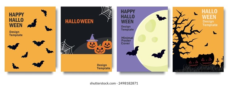 Feliz Halloween. Tarjeta de Halloween con el murciélago de elemento espeluznante, calabaza, luna llena, y casa encantada. Diseño de moda para la tarjeta de felicitación, decoración, anuncios, invitación del partido, Anuncio, cartel, cubierta, impresión. 