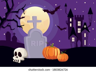 happy halloween card with skull and pumpkin in cemetery scene vector illustration design