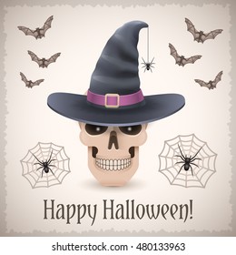 Happy Halloween card with a skull in witch hat. Trendy holiday vector illustration with bats and web spiders.