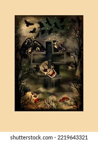 Happy halloween card, Skulls and crows in night cemetery,  vector illustration