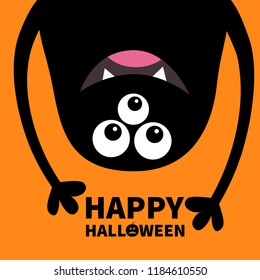Happy Halloween card. Smiling monster head silhouette. Thtee eyes, teeth, tongue, hands. Hanging upside down. Black Funny Cute cartoon character. Baby collection. Flat design Orange background. Vector