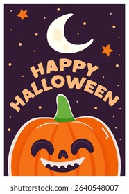 Happy Halloween card with smiling pumpkin, crescent moon and stars on dark background. Halloween design with pumpkin for party, greeting card, decoration. Cute Halloween vector illustration.