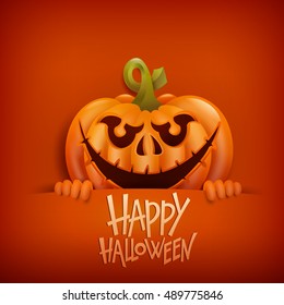 Happy Halloween card with smiling pumpkin character. Vector illustration