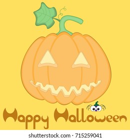 Happy Halloween card with a smiling pumpkin and a small spider in a witch's hat