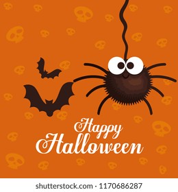 happy halloween card with spider and bats flying