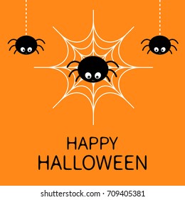 Happy Halloween card. Spider on the web. Cute cartoon baby character. Three hanging spiders. Insect set. Dash line. Cobweb white. Flat design. Orange background. Vector illustration