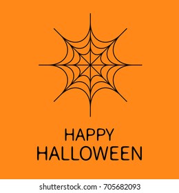 Happy Halloween card. Spider round web. Black cobweb . Decoration element. Flat design. Orange background. Vector illustration
